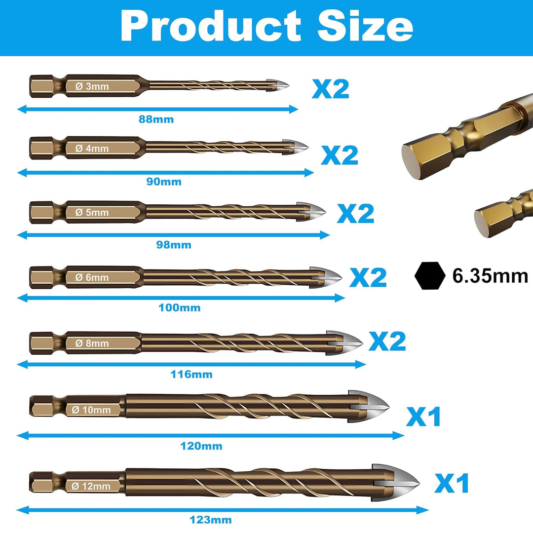 Fliesenbohrer Set 12 tlg, Glasbohrer Set Ø 3-12 mm, Universalbohrer Keramikbohrer mit Sechskantschaf