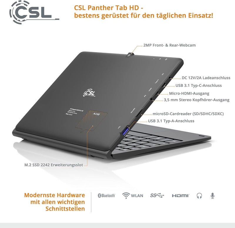 Tablet CSL Panther Tab HD Windows 10 Pro mit Tastatur, 10,1 Zoll 1920x1200 IPS, Intel N4120 CPU 4x26