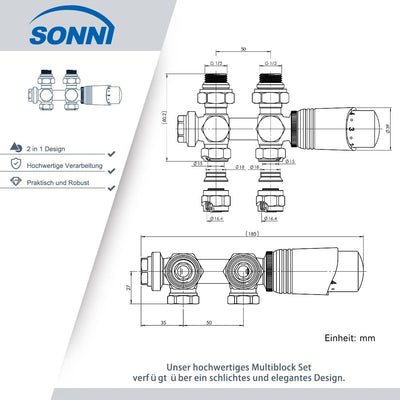 SONNI Multiblock Set für Heizkörper Anschlussarmatur inkl. Thermotstat Hahnblock Ventil Heizungszube