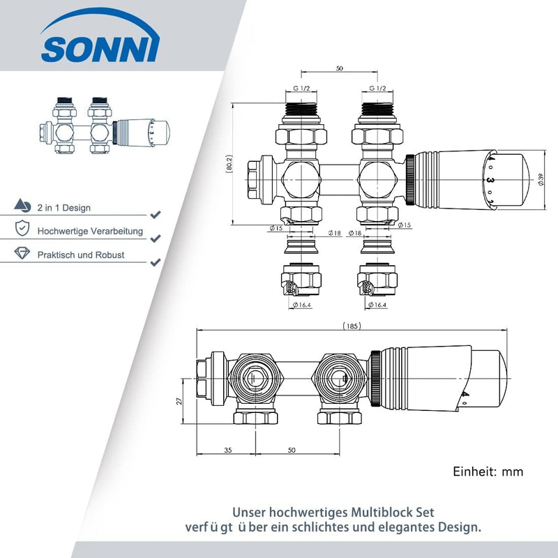 SONNI Multiblock Set für Heizkörper Anschlussarmatur inkl. Thermotstat Hahnblock Ventil Heizungszube