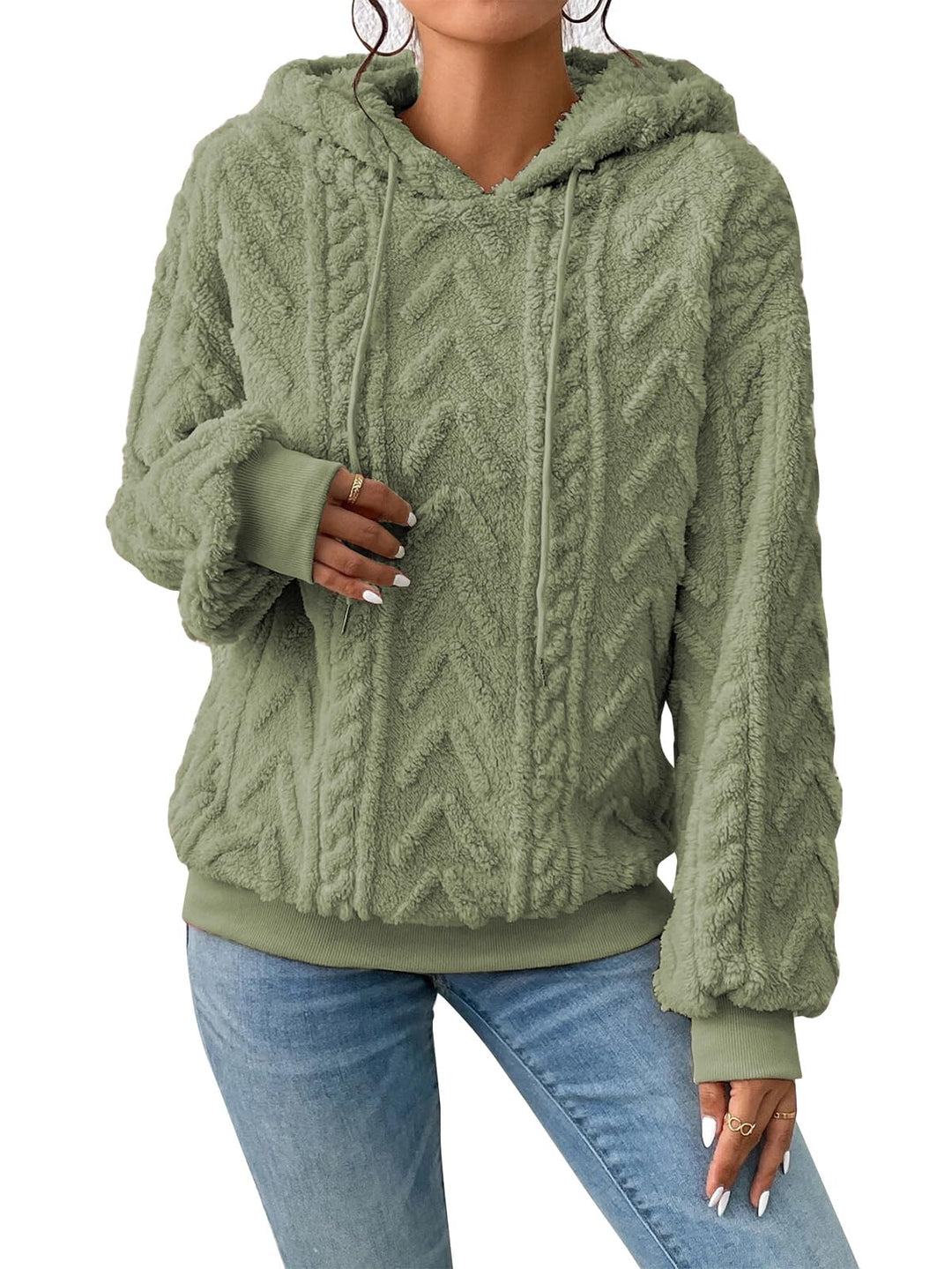 Zetieny Hoodie Damen Kapuzenpullover Teddy Fleece Double Fuzzy Fluffy Jacquard Pullover Lässiges War