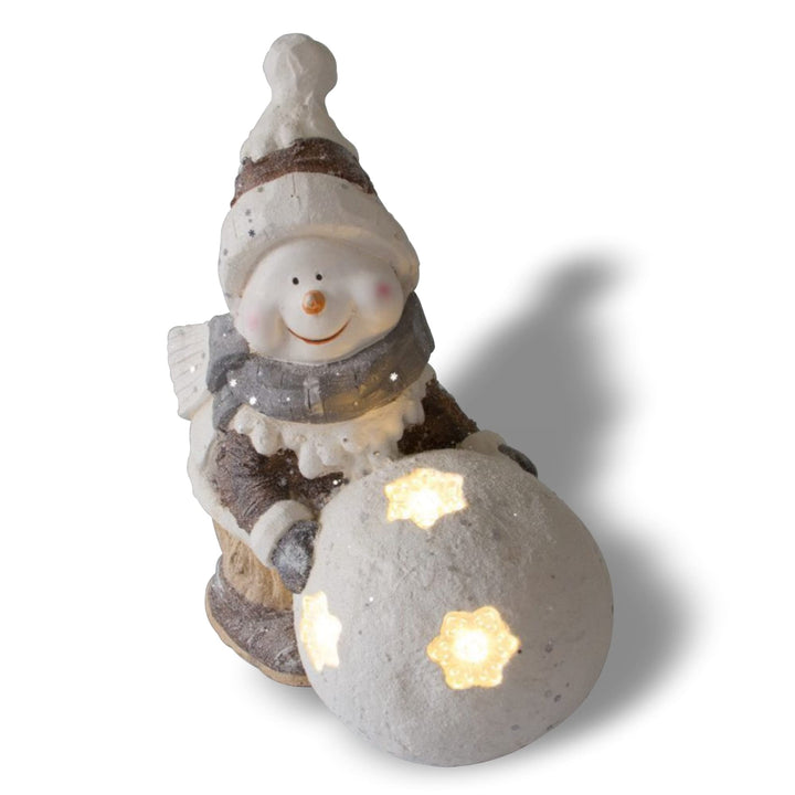 NATIV Weihnachtsdeko Schneemann mit LED beleuchteter Schneekugel | Weihnachtsschmuck aus Magnesia |