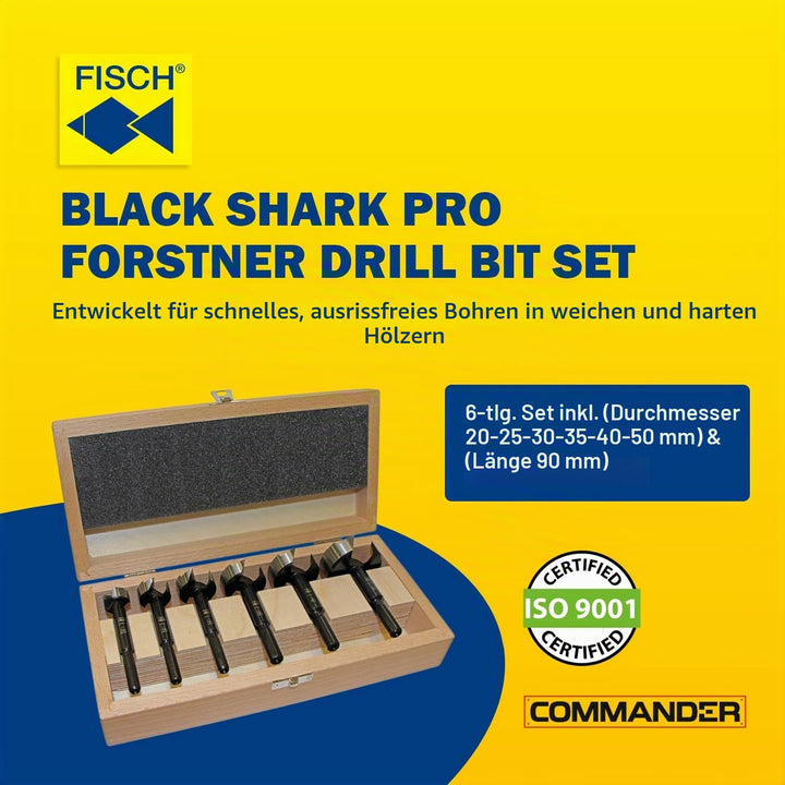 Black Shark Pro Forstnerbohrer Set 6 tlg., Ø 20-25-30-35-40-50 mm, Länge 90 mm, in einer Holzkassett