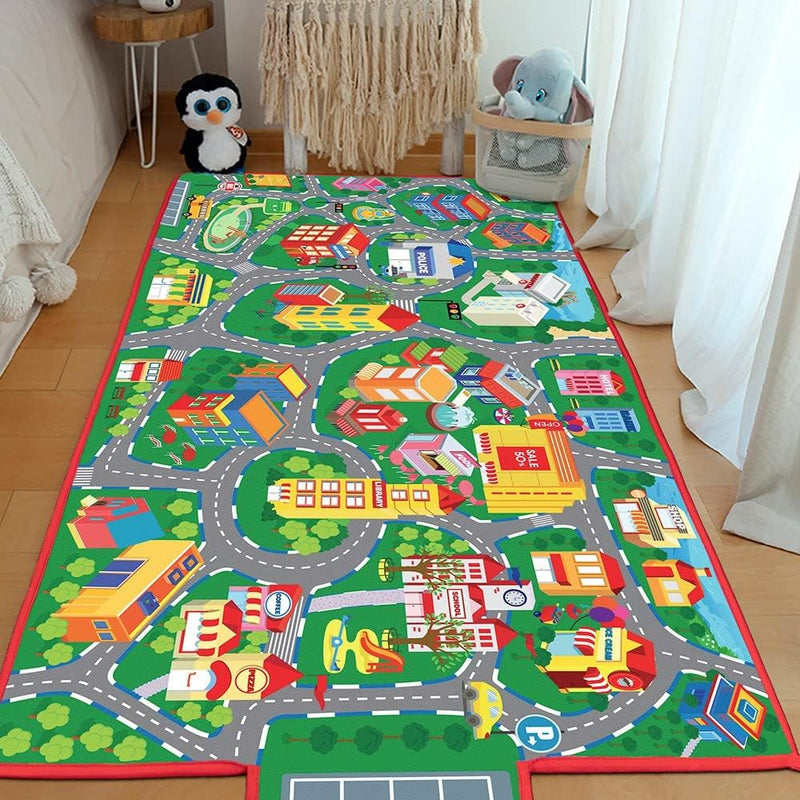 beetoy Spielteppich Kinderzimmer 80x150cm, Autospielmatte mit 6 Autos, Grosse Bahnmatte Reisespielze