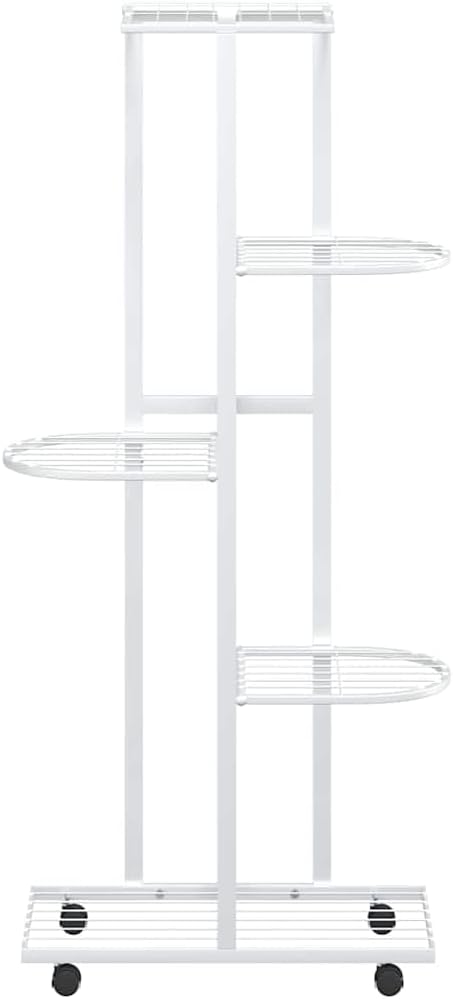 Blumenständer 5-Etagen mit Rollen aus pulverbeschichtetem Weissem Eisen 44x23x100 cm, Pflanzenregal