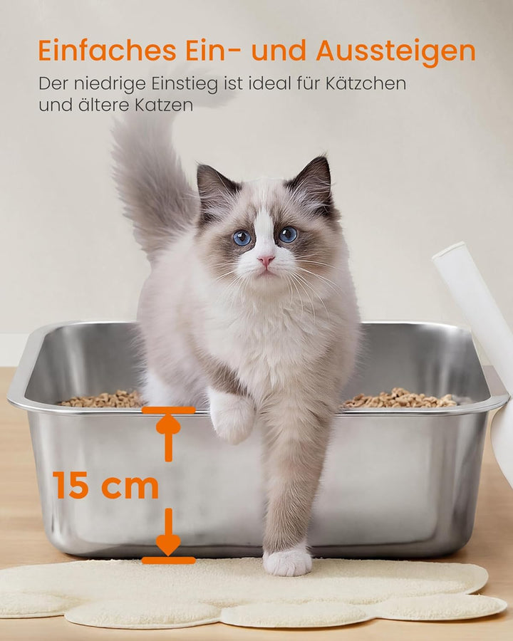 Feandrea Katzenklo Edelstahl, Katzentoilette offen, mit Schaufel, antihaftbeschichtet, geruchsfrei,