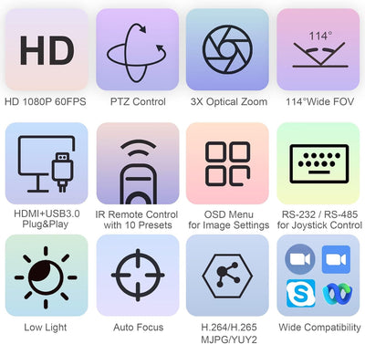 TONGVEO Konferenzkamera 3X Optischer Zoom 1080P HD PTZ Kamera für Skype/Zoom Videokonferenz YouTube