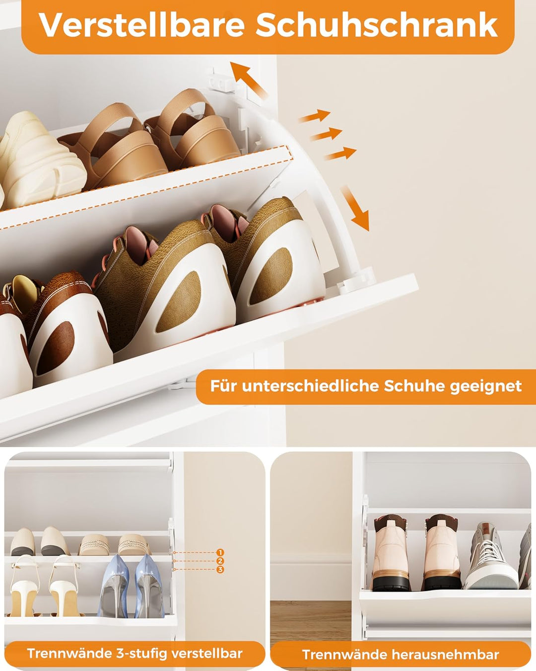 IRONCK Schuhschrank mit 4 Klappen, Schuhkipper Schmal mit 2 Schubladen, freistehendes Schuhregal, Sc