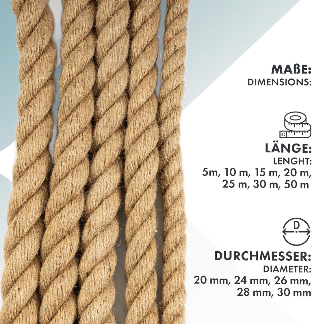 Floordirekt Juteseil 50m 30mm Dicke Juteschnur, Tau Seil aus 100% Natur Jute extra Starke Juteband S