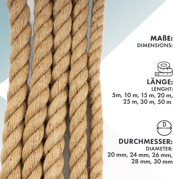Floordirekt Juteseil 50m 30mm Dicke Juteschnur, Tau Seil aus 100% Natur Jute extra Starke Juteband S