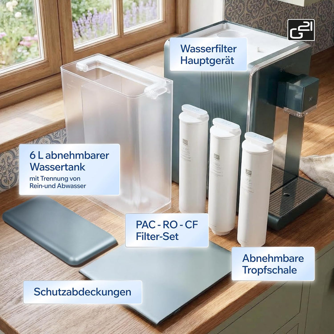 G21 Osmo Pro Osmoseanlage Trinkwasser 6L mit Wasserstoff Funktion, 1:1 Rein- zu Abwasserverhältnis,
