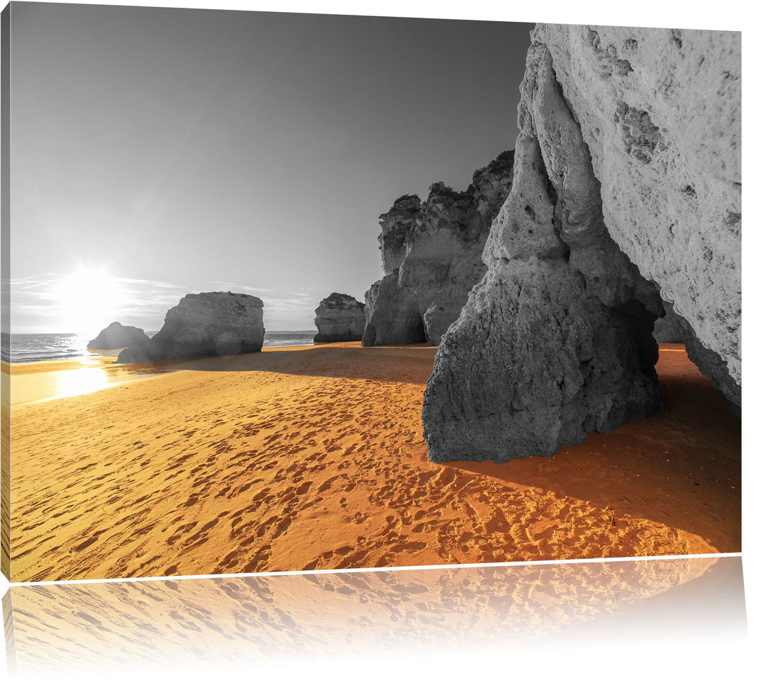 Riesige Felsen am Strand schwarz/weiss Format: 100x70 auf Leinwand, XXL riesige Bilder fertig gerahm
