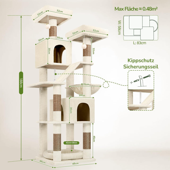 Globlazer Kratzbaum Ecke Hoch 189 cm mit 2 Katzenhaus, 2 Gepolsterte Sitzstangen, Katzenkorb VergröB