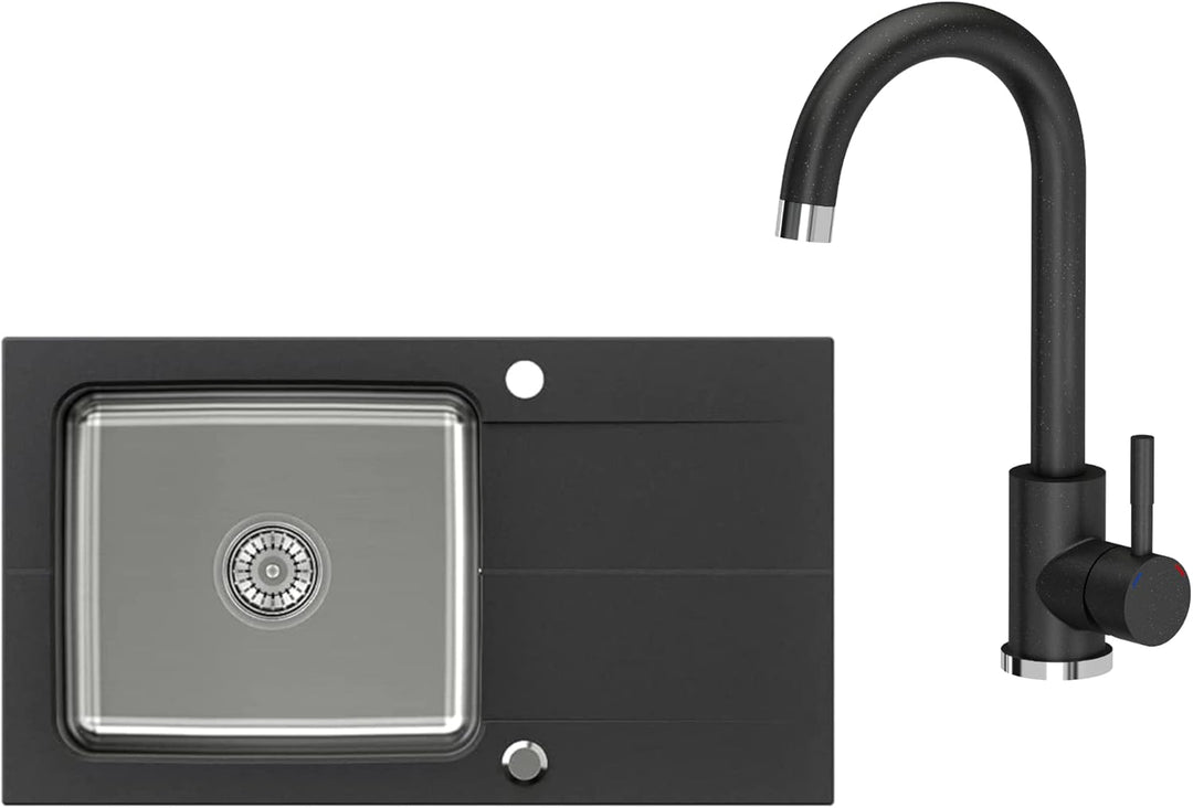 VBChome Spülbecken Schwarz mit Armatur 78x44 Edehlstahlbecken Granit Küchenspüle Siphon reversibel g
