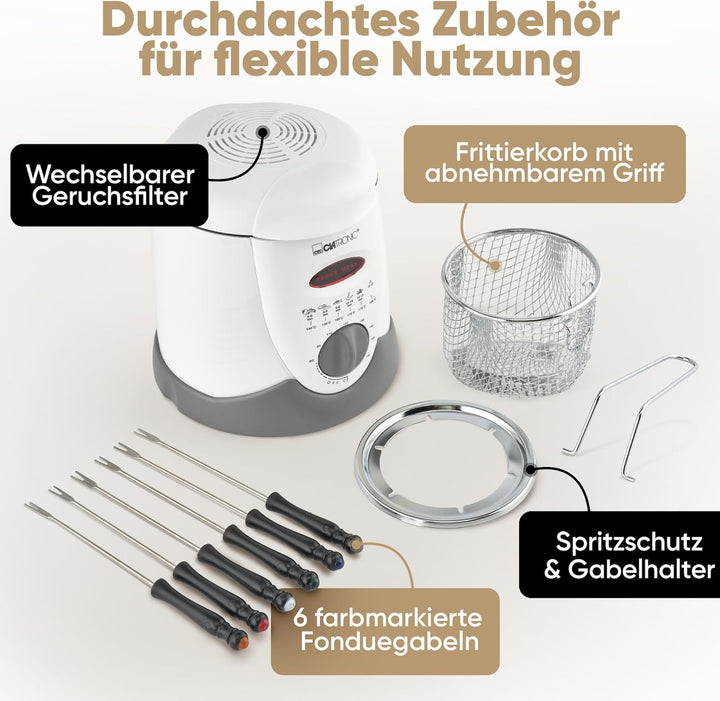 Clatronic Fondue-Fritteuse FFR 2916, 2in1 Benutzung, Bedienfeld mit Kontrolldisplay, 6 Fonduegabeln,