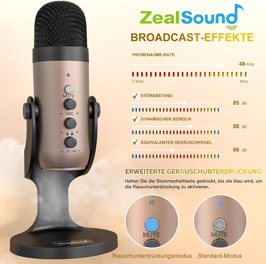 zealsound USB Mikrofon PC, k66 Gold Podcast Mikrofon für PC Handy PS4&5, Kondensator Microphone mit