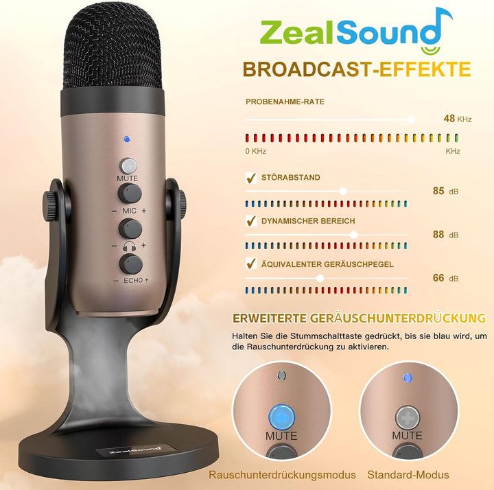 zealsound USB Mikrofon PC, k66 Gold Podcast Mikrofon für PC Handy PS4&5, Kondensator Microphone mit