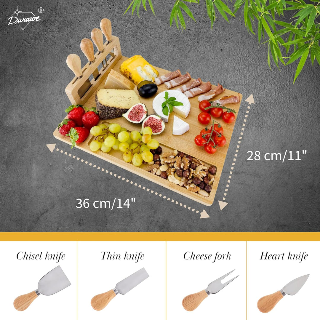 Bambus Käsebrett mit 4 Messern und Abnehmbarem Halter – Servierplatte mit Snack-Fächern, Charcuterie