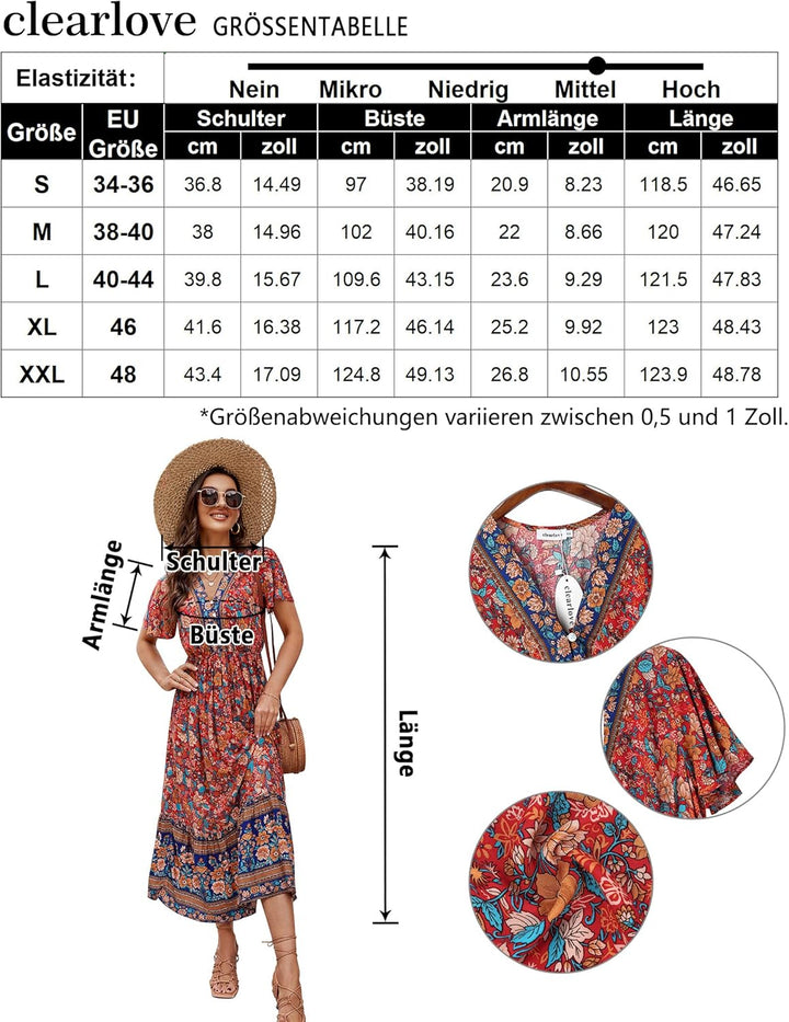 Clearlove Damen Sommerkleid Boho Kurzarm Midi Kleider V-Ausschnitt Strandkleid lang Blumenkleid Rüsc