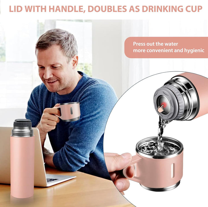 Thermosflasche 500ml mit Becher, Thermoskanne Kaffee Hält 12 Stunden Heiss und Kalt, Edelstahl Termo