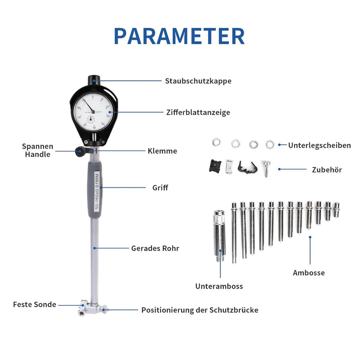 Innenmikrometer, Bohrungslehre Messuhr set 50-160mm Hohe Präzision 0,001mm Messuhr mit 12 Sonden, In
