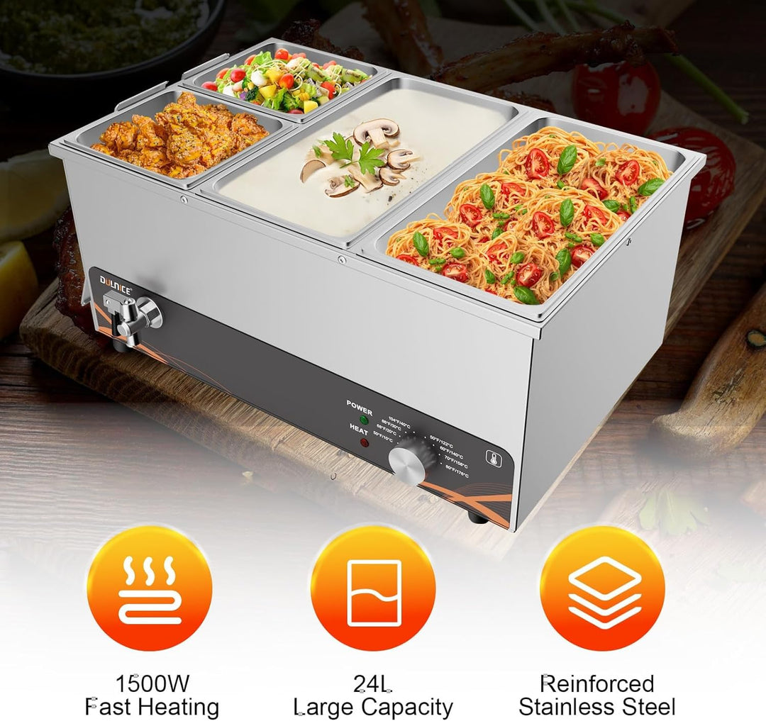 DULNICE Bain Marie Speisewärmer Elektrische Edelstahl 1500W 4 GN-Behältern Wasserbad mit Ablaufhahn,