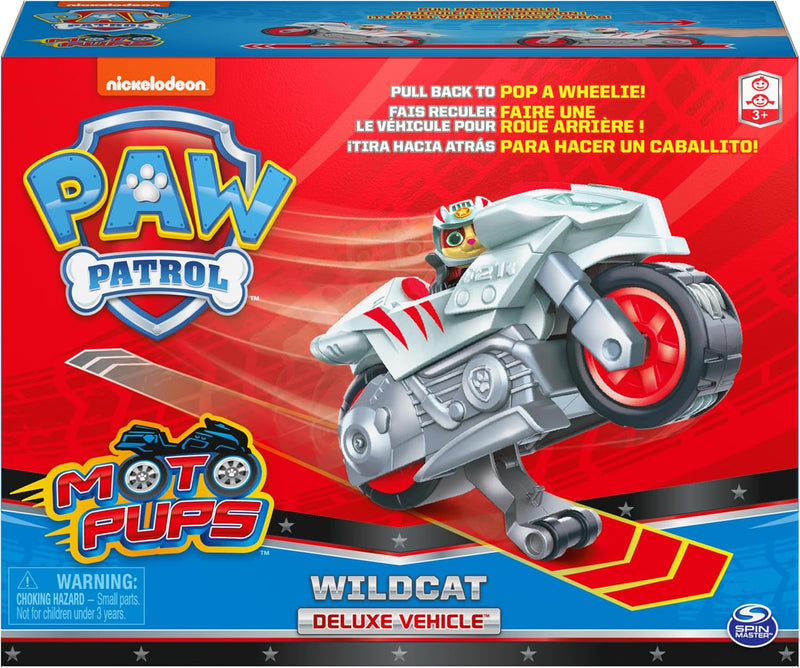 Paw Patrol Moto Pups - Wildcat Figur mit Rückzugmotor mit Wheelie-Funktion - Spielzeugauto