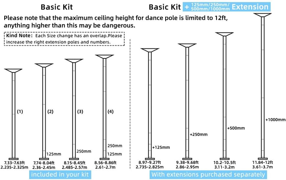 PRIOR FITNESS Kit Pole Dance Tanzstange 45 mm von 2,35 bis 2,74 m, höhenverstellbar, 2 Modi: drehbar