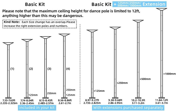 PRIOR FITNESS Kit Pole Dance Tanzstange 45 mm von 2,35 bis 2,74 m, höhenverstellbar, 2 Modi: drehbar