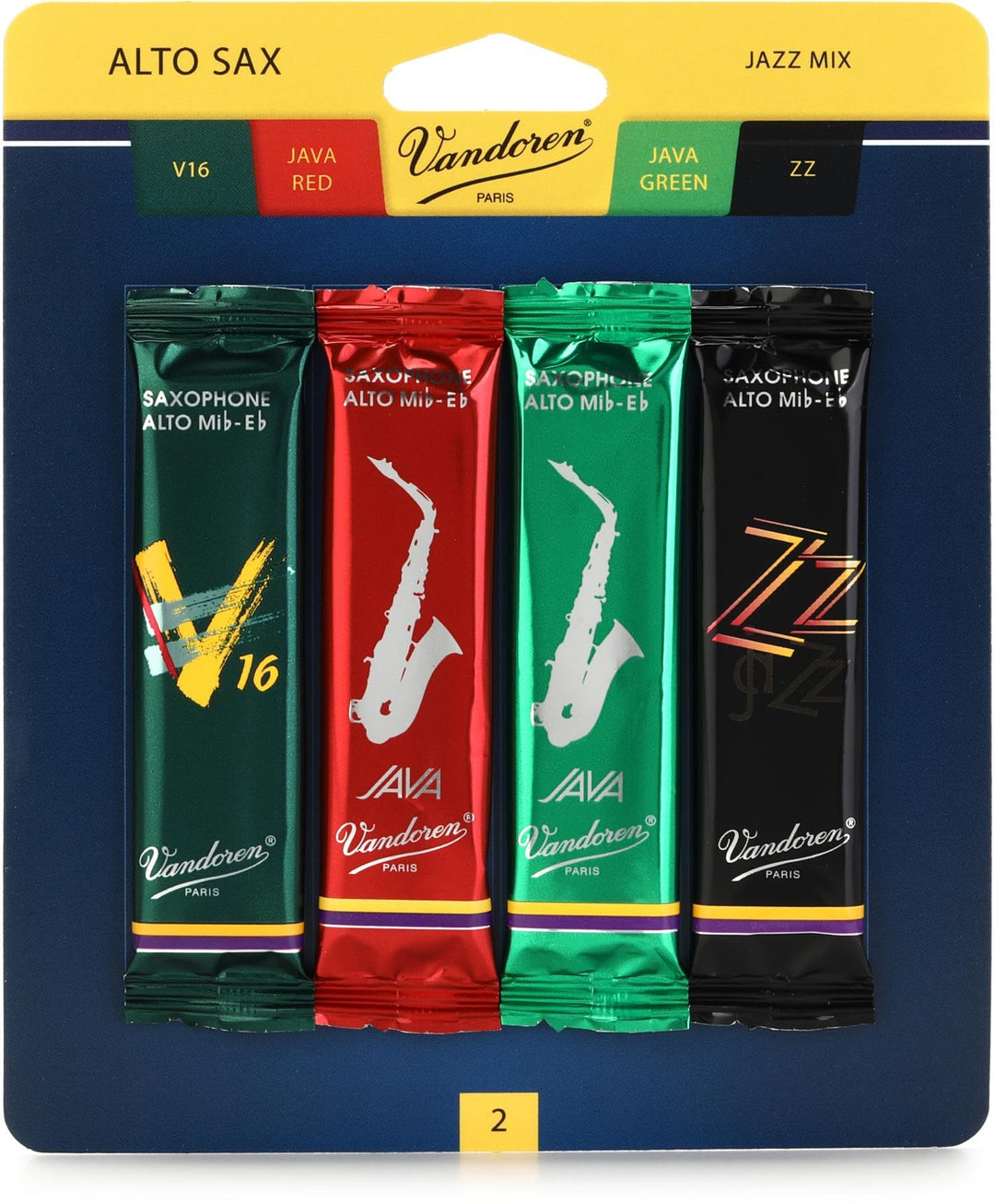 Vandoren SRMIXA2 Altsaxophon Jazz Blätter Mix Karte enthält je 1 ZZ, V16, JAVA und JAVA Red Stärke 2