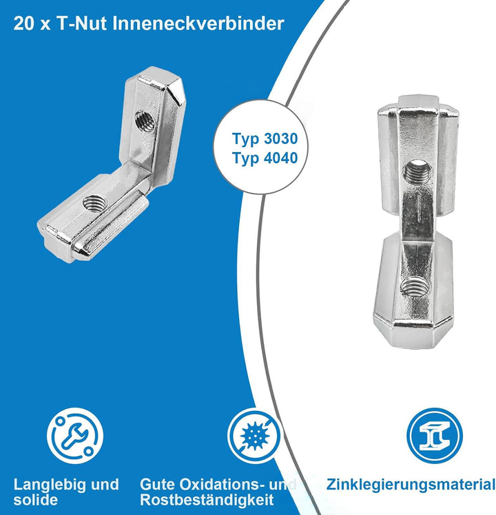 T-Nut Innenwinkel Eckverbinder Profilverbinder, 20 Stück Aluprofil 4040 Nut 8 M6 Aussenwinkel T Slot