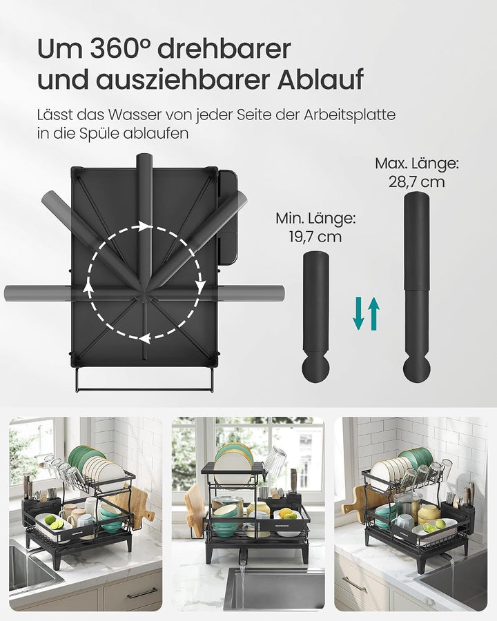 SONGMICS Abtropfgestell Geschirr, 2 stufiger Geschirr-Abtropfständer, 360° drehbarer und ausziehbare