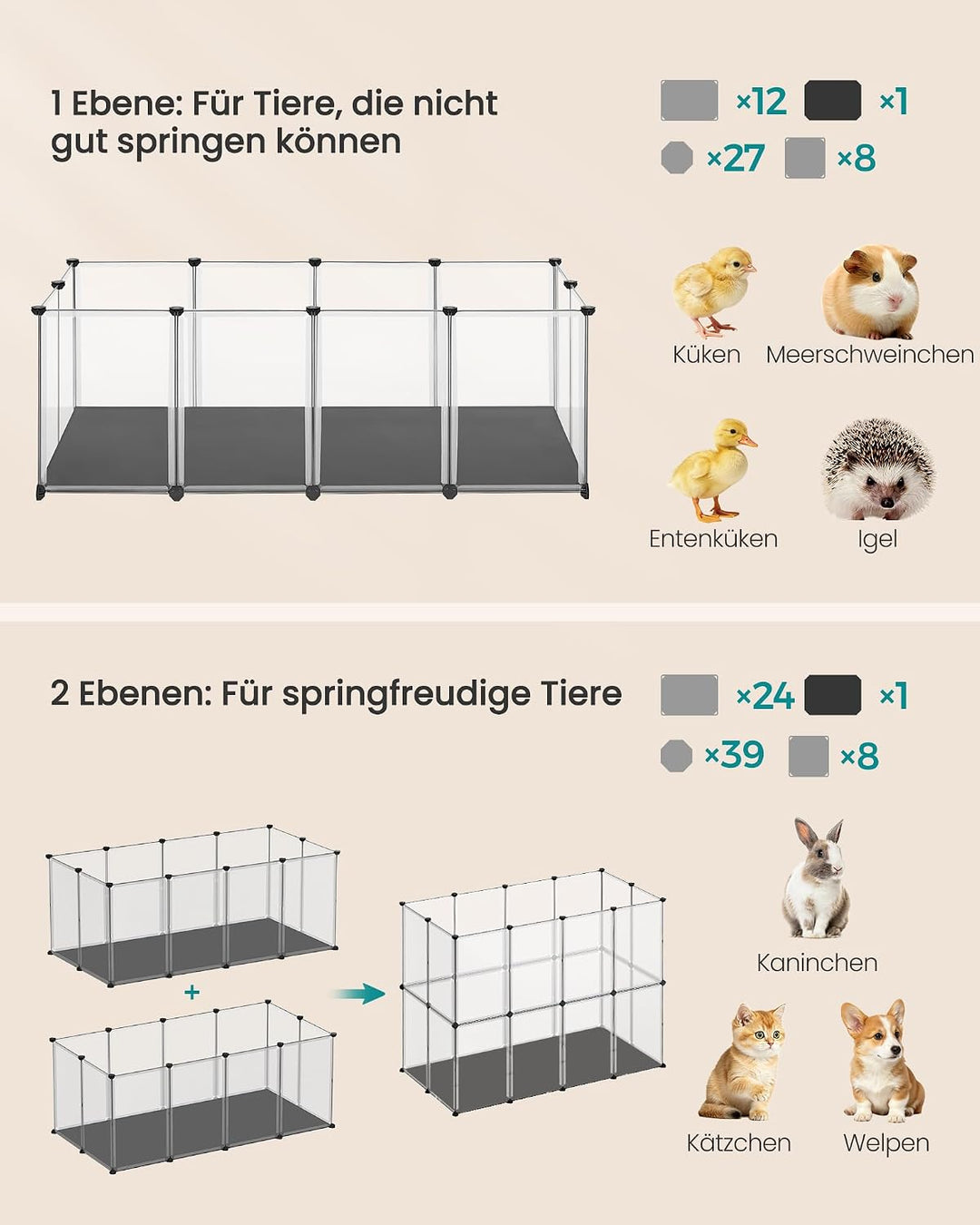 SONGMICS Kleintiergehege mit Bodenplatten, Laufstall mit Abnehmbarer und wasserfester Unterlage, Geh