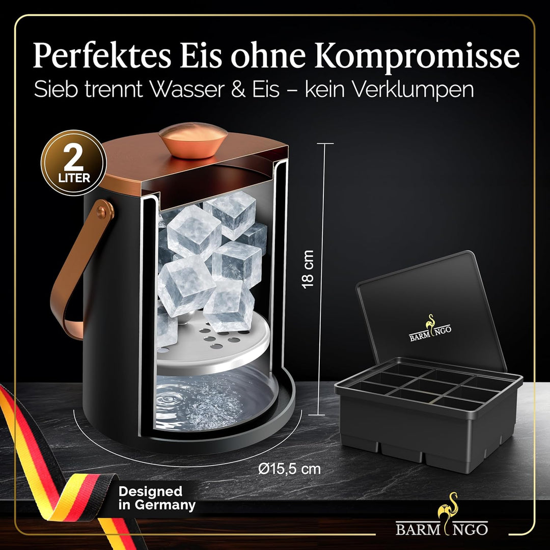 Edelstahl Eiswürfelbehälter mit Deckel - 2l Eiskübel/Eisbehälter für Eiswürfel mit Sieb, Eiswürfelfo