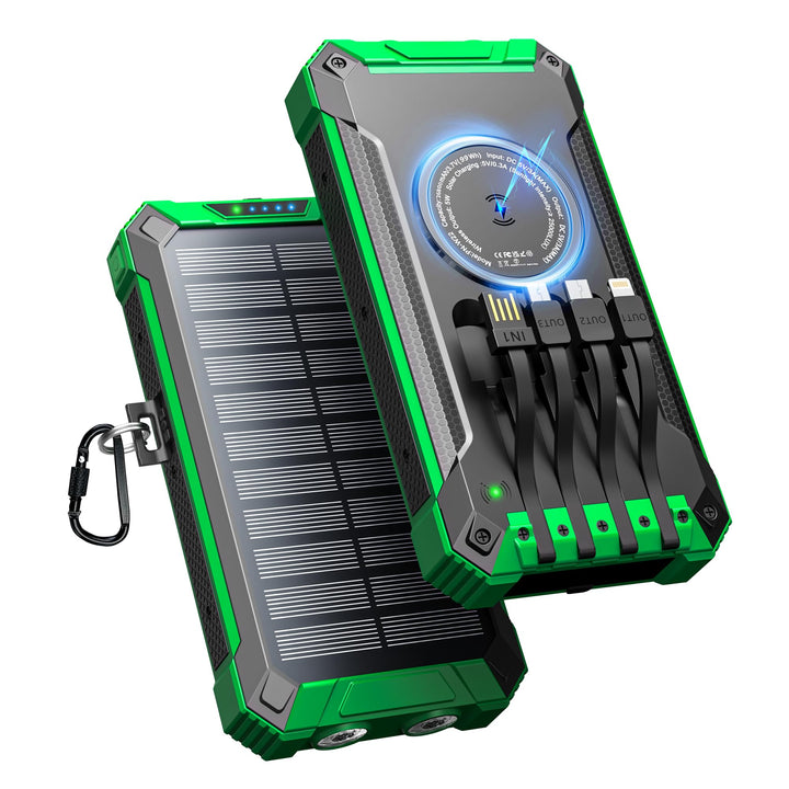 Solar Powerbank 26800mAh mit integrierten 4 Kabeln, Wireless Power Bank USB-C Ausgang/Eingang 15W Sc