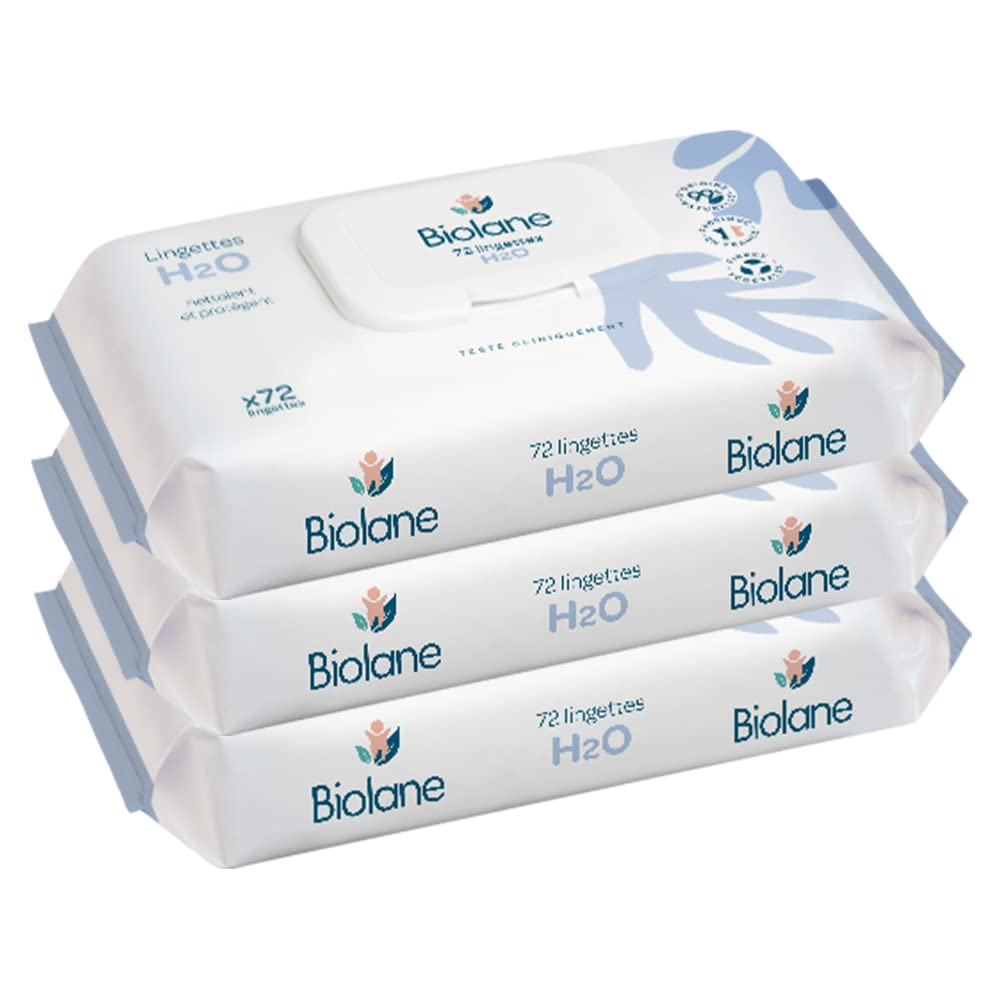 BIOLANE - Babytücher H2O mit Wasser – Reiniger – 3 x 72 Stück (216 Tücher) – für empfindliche Haut –