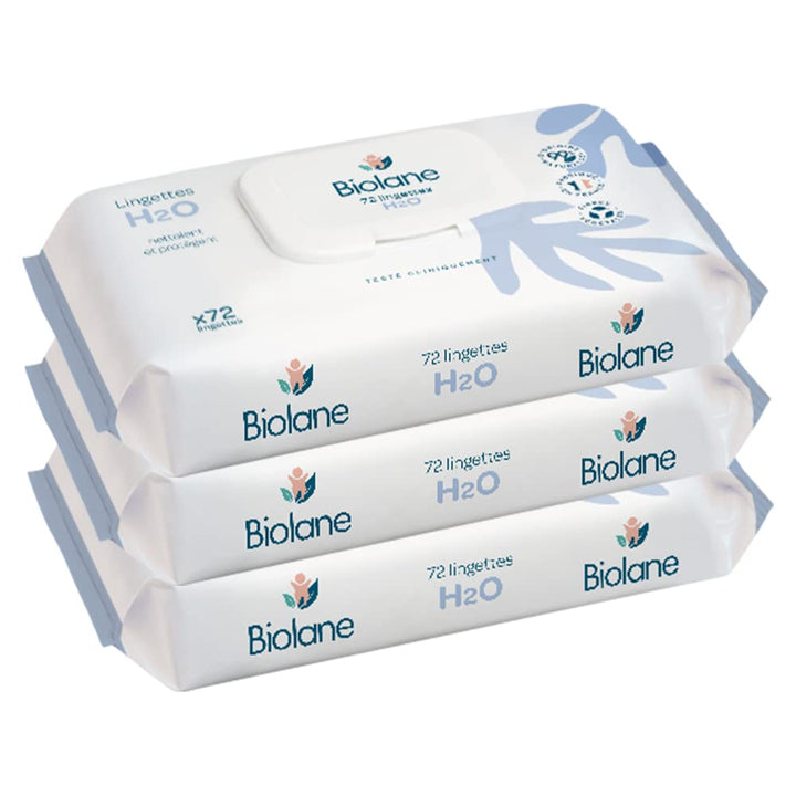 BIOLANE - Babytücher H2O mit Wasser – Reiniger – 3 x 72 Stück (216 Tücher) – für empfindliche Haut –