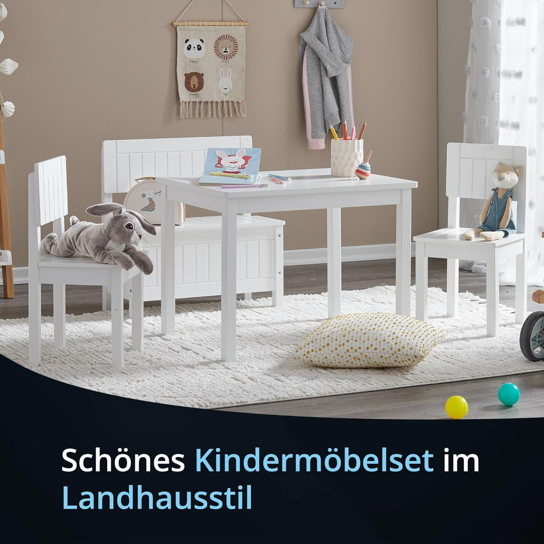 KHG Kinder-Möbelset Tisch mit 2 Stühlen weiss Landhaus für Kinderzimmer, Pflegeleichte Oberfläche, r