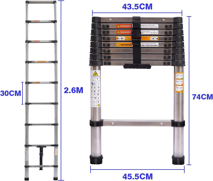 8.5FT Teleskopleiter Heavy Duty Steel Teleskop-Klappleiter Mehrzweckleiter für Home Outdoor Haushalt