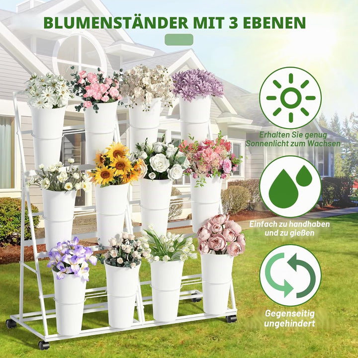 Alyoen Blumenständer mit Rollen und Eimern, 3 Etagen Blumenständer aus Metall mit 12 Eimern, Mobiler