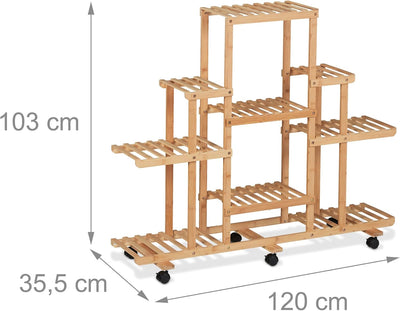 Relaxdays Pflanzenregal Bambus, 9 Ablagen, Blumenständer mit Rollen, HxBxT 103 x 120 x 35,5 cm, Blum