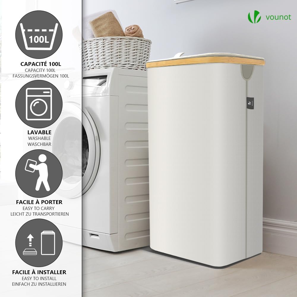 VOUNOT Wäschekorb mit Deckel 100L, Faltbarer Wäschesammler mit Herausnehmbar Wäschesäcke, Laundry Ba