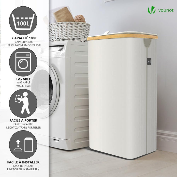 VOUNOT Wäschekorb mit Deckel 100L, Faltbarer Wäschesammler mit Herausnehmbar Wäschesäcke, Laundry Ba