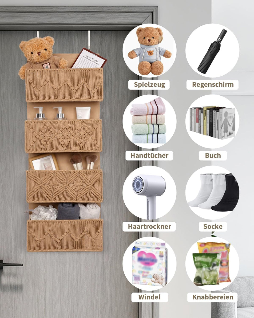 ANTIS'S HOME Handgewebter Hängeorganizer mit 4 Taschen – Boho Hängeregal für Türen, Faltbare, platzs