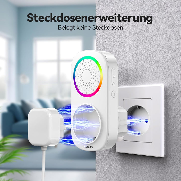 TECKNET Funkklingel Batterielose, IP65 Funkklingel aussen Wasserdicht, Haustürklingel mit Plug-In-Em