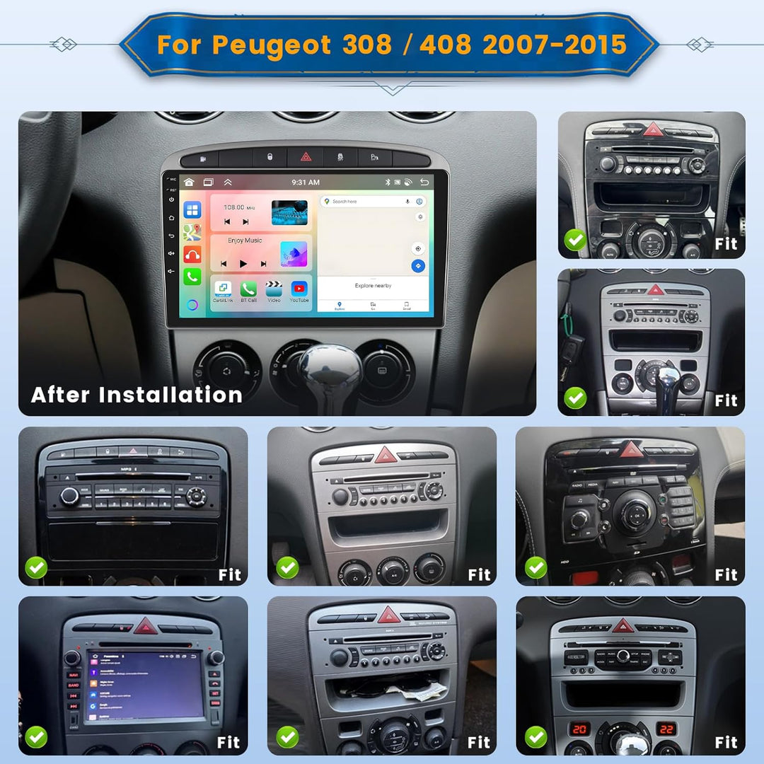Inefala 2 + 64G Android 15 CarPlay Radio für Peugeot 308/408 2007-2013, 9 Zoll Touchscreen mit Wirel