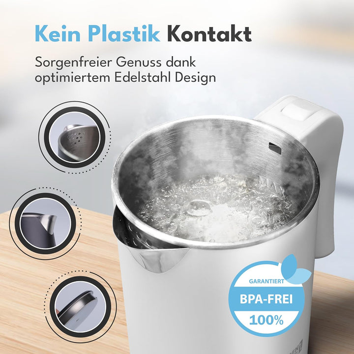 LEBENLANG Edelstahl Reisewasserkocher Klein - 500ml & BPA-Frei I 600W Mini Wasserkocher Klein Weiss