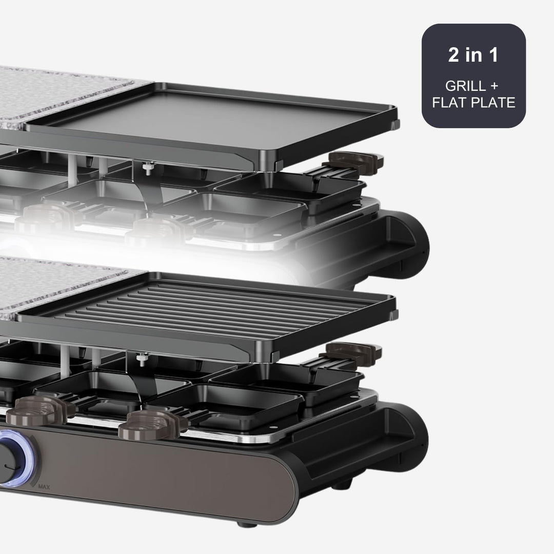 Black+Decker – Raclette| 8 Personen| Platten 21 x 21 cm| Regulierbare Temperatur| 1400 W| Umkehrbare