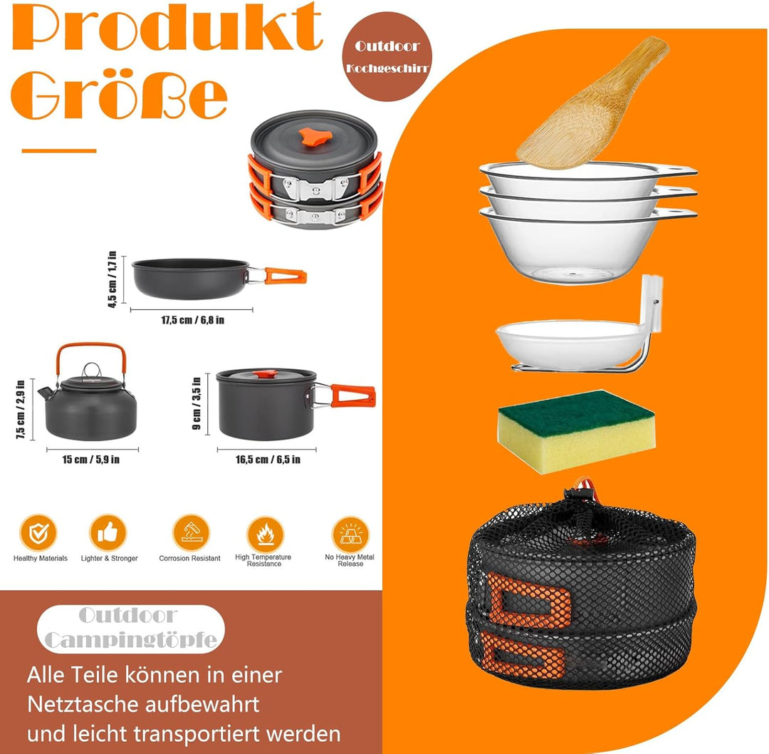 Camping Kochgeschirr Set, Outdoor Geschirr Set Kochtopf Set 10-teilig, Grillgeschirr Picknick Topf m