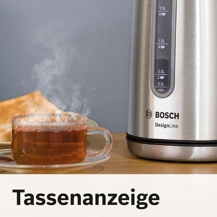 Bosch kabelloser Wasserkocher DesignLine TWK4P440, Ausgiessen ohne Spritzer, Tassenanzeige, Wasserst